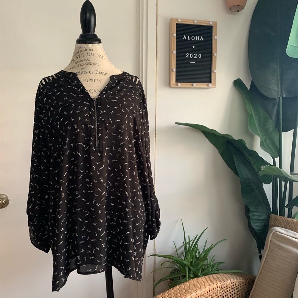 Black Patterned Long Sleeve Blouse with Zipper